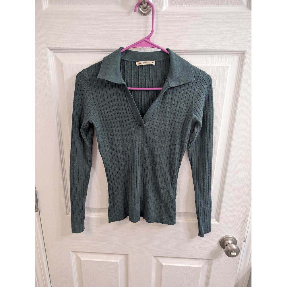 Marine Layer Deserae Ribbed Polo Sweater Womens Green V-Neck - Size XS